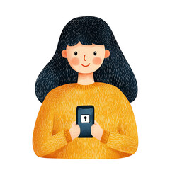 Cheerful person holding smartphone with lock symbol, wearing cozy yellow sweater, representing digital security and privacy