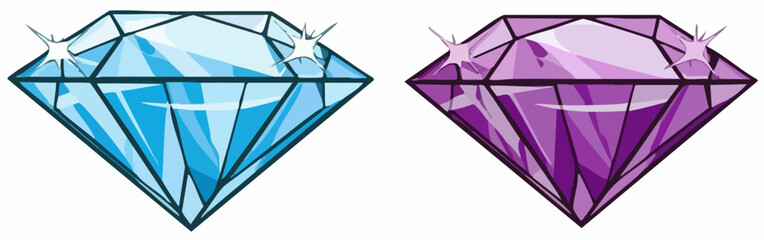 Two Sparkling Gemstones Blue and Purple Diamonds Illustration. Vector Image