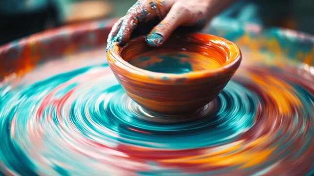 Close-up of a pottery wheel spinning a colorful pot - creative process captured.