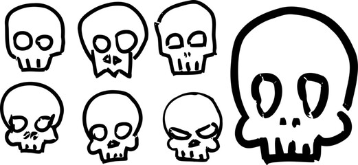 Graffiti skull, paint bone, spray skeleton illustration. Black isolated halloween head set. Grunge horror pirate emblem