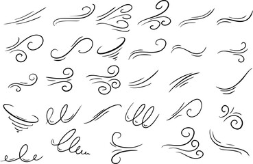 Wind and wave swirl lines in abstract graphic style. Elegant air and motion elements with smooth curves.