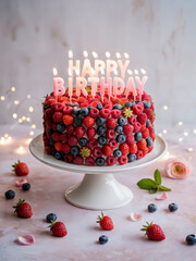 Happy Birthday candles and cake decorated with fresh strawberries, raspberries and blueberries. 
