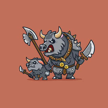 Fantasy Creature Warrior and its Minion with Weapons. Vector Image