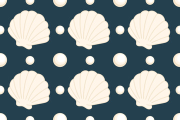 Elegant seamless pattern with cream seashells and pearls on a dark navy background. Perfect for beach-themed designs, textile, and wrapping.