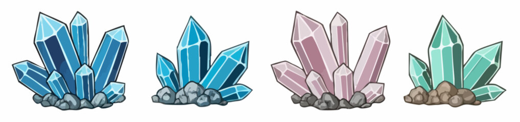 Collection of Cartoon Crystal Clusters on Rocks. Vector Image