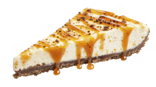 Delicious cheesecake slice with caramel drizzle and crumb topping, presented with creamy texture and crust, bakery dessert treat on a transparent background, PNG image, PNG file.