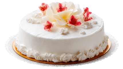 a white cake with red flowers on top