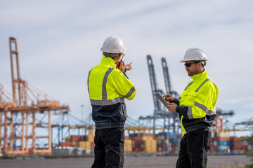 Industrial engineer workers operations marine port cranes loading and unloading of cargo ships...