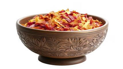 Ceramic bowl brimming with vibrant root vegetable chips, offering a healthy snacking option and culinary appeal on a transparent background, PNG image, PNG file.