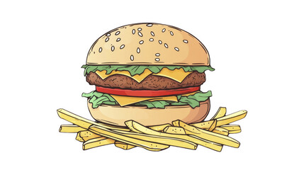 Mouthwatering cartoon burger with cheese, tomato, and lettuce, piled high with golden fries for fast food craving. on a transparent background, PNG image, PNG file.