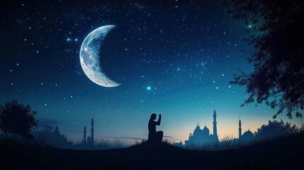 A woman in prayer at night under a crescent moon. Silhouette of a woman praying in the moonlight under a crescent moon, with a landscape of mosques and trees silhouetted against the starry night sky