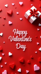 A red background with white and red hearts scattered around it.