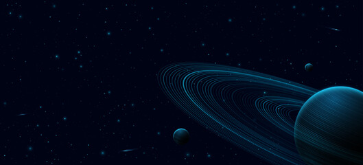 Planet Saturn with ring around and other planets. Abstract starry sky with falling comets. Solar system concept. Scientific presentation backdrop. Universe science background. Vector illustration