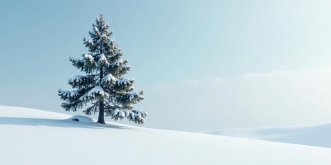 Fototapeta premium Serene Winter Landscape A Single Snow-Covered Evergreen Tree Stands Alone in a Vast, Undulating Field of White Snow Under a Pale Blue Sky.