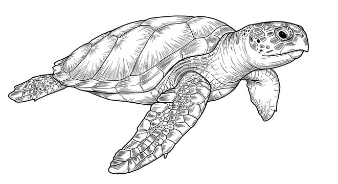 Detailed Sea Turtle Line Art Illustration on White Background