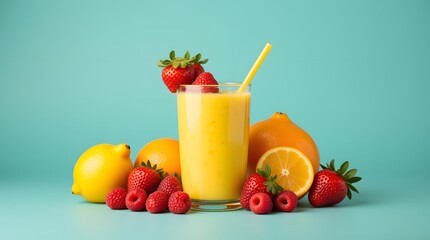 Refreshing Citrus Berry Smoothie, perfect summer drink. Strawberries, raspberries, lemon, orange, and a vibrant yellow smoothie create a delightful, healthy treat.