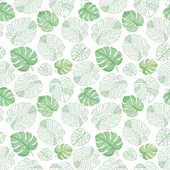 Seamless Monstera Leaf Pattern with Aquarelle Green Details on Light Background