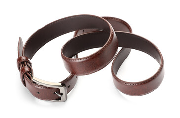 One brown leather belt isolated on white