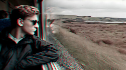 of a character staring out from a glitchy train window in a dystopian setting