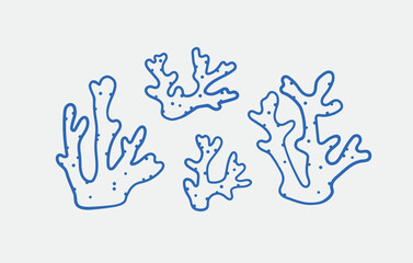 Hand-drawn coral illustrations. Line art, ink, minimalist style. Vector illustration. Summer collection.
