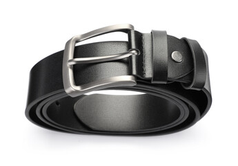 One black leather belt isolated on white, above view