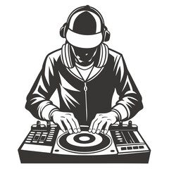 Stylized Black and White Vector Artwork of a Hip-Hop or Electronic Music DJ Performing Live
