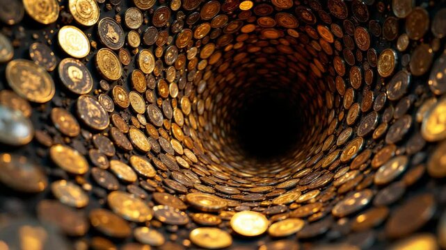 A swirling tunnel made entirely of shiny gold and bronze coins creates a hypnotic, endless visual effect.