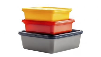 Stacked colorful plastic food containers, in yellow, red and grey, for storage, kitchen, or organization needs, on a transparent background, PNG image, PNG file.