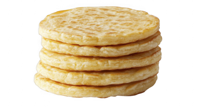 Stack of several freshly baked crumpets, showing the golden-brown color and texture of the surface. on a transparent background, PNG image, PNG file.