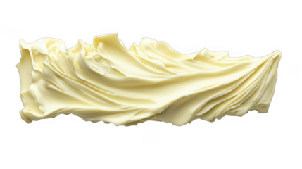 Swath of smooth, pale yellow frosting, a sweet confection with layered, delicate edges, creamy texture, dessert topping, on a transparent background, PNG image, PNG file.