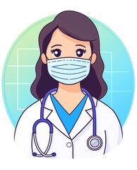 Digital illustration of doctor wearing mask and stethoscope, conveying sense of professionalism and care