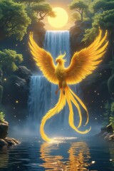 A golden dragon dances on blue water under the yellow sun, a vibrant illustration of nature's beauty