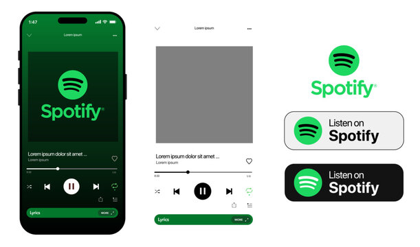 Spotify music streaming service mockup with music display theme, playlist interface, and playback screen design. Vector illustration for digital music platform sample UI.