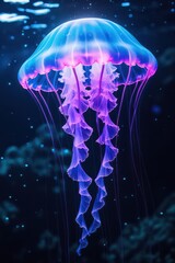 Abstract fractal jellyfish swim in the deep blue water of an abstract fractal background with space, resembling a glowing marine animal in its aquatic life