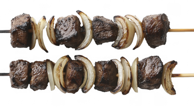 Savory grilled beef cubes and caramelized onion slices skewered on wooden sticks, presented in a close-up shot, on a transparent background, PNG image, PNG file.