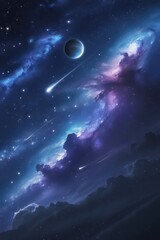 A bright blue planet shines amidst a dark cosmos filled with countless stars in the night sky