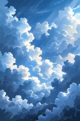 A beautiful blue sky cloudscape with fluffy white cumulus clouds under bright sunlight