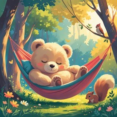 Cute brown teddy bear toy on a swing near a tree with autumn leaves, a sweet childhood illustration