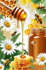Sweet yellow honey with a bee near white daisy flowers in a glass jar