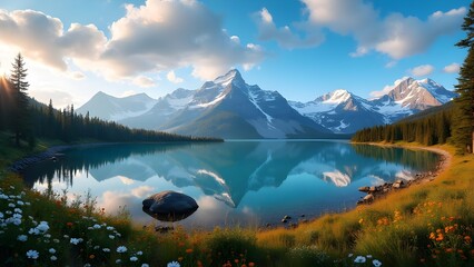 Fototapeta premium Scenic Mountain Lake Reflection with Snow Capped Peaks, Forest, and Wildflowers in a Tranquil Landscape