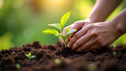 Hands Gently Planting a Young Sprout in Fertile Soil - Symbol of New Life and Growth