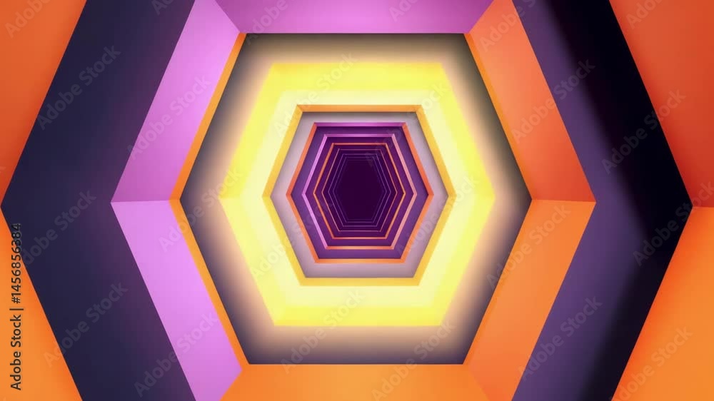 Poster hexagonal patterns create a vibrant tunnel effect with bright colors and depth in digital art