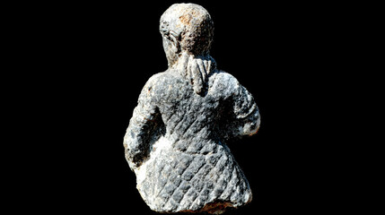 of a faceless goddess with geometric patterns engraved across her body