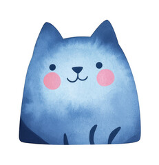 Cute cartoon cat illustration with blue color scheme, featuring smiling face and rosy cheeks, perfect for children decor or playful designs