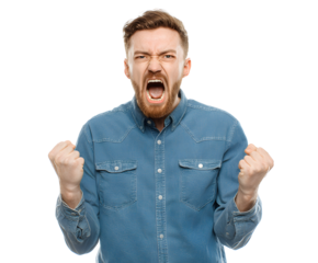 A man expresses anger with a wide open mouth, clenched fists, and a serious look.