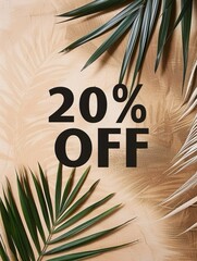 Per publicizzare lo sconto, testo scritto in caratteri neri "20% OFF" su sfondo marrone chiaro, contornato da foglie verdi