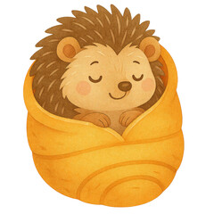 Sleepy hedgehog wrapped in yellow sleeping bag