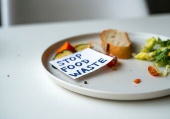 Plate with food scraps and Stop food waste sign on white table