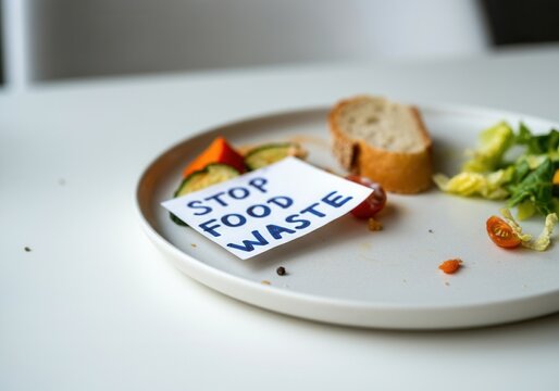 Plate with food scraps and Stop food waste sign on white table - Powered by Adobe