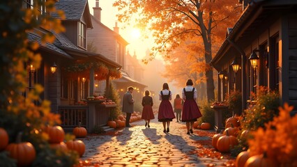Naklejka premium Cozy Autumn Day in Quaint Village: People Strolling on Cobblestone Street with Pumpkins and Fall Foliage